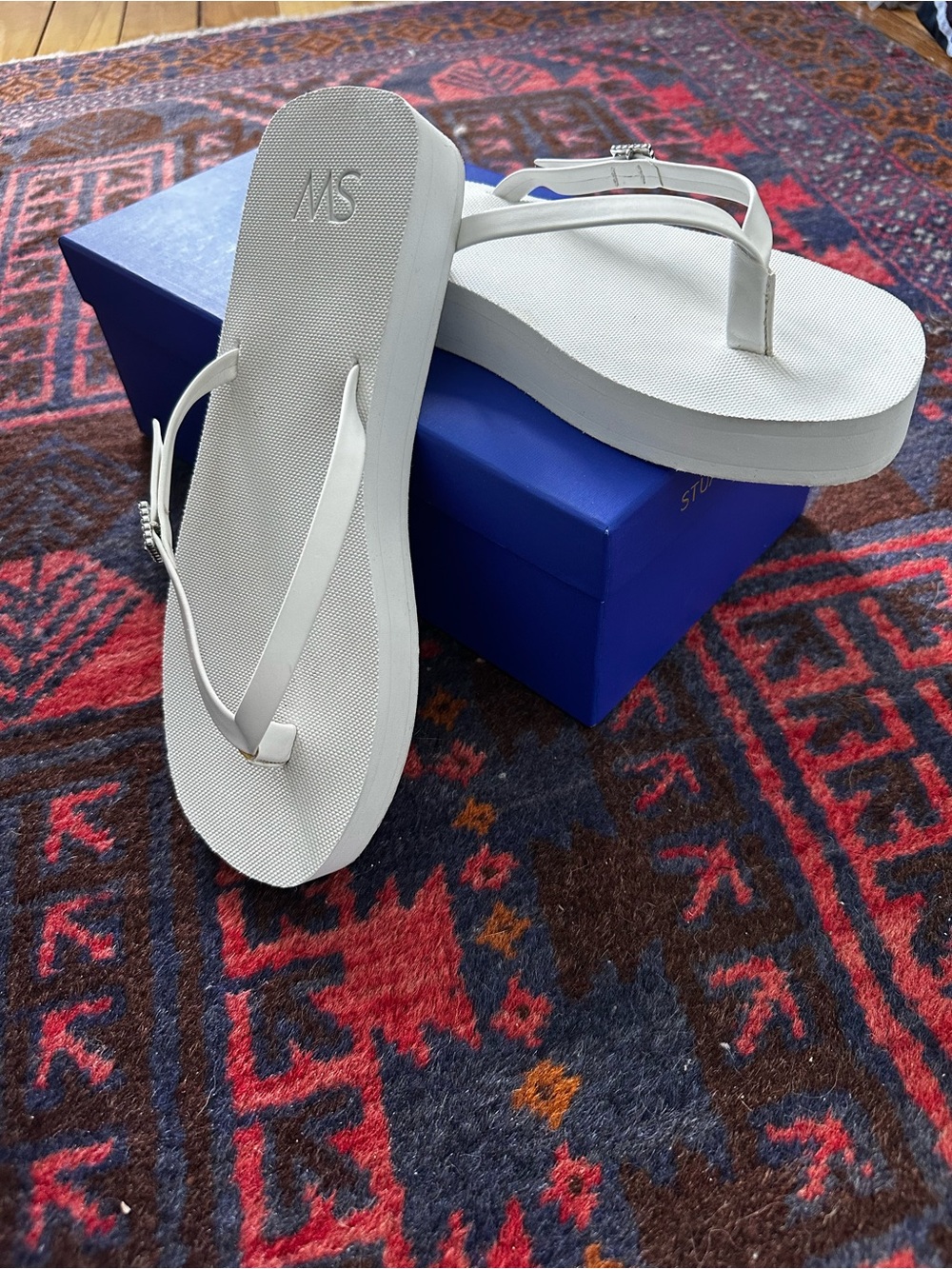 Stuart Weitzman Crystal Thong Flatform White Sandal- Women Size 8